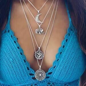 Boho Multilayer Five-layer Long‎ Necklace Elephant Moon Pendant